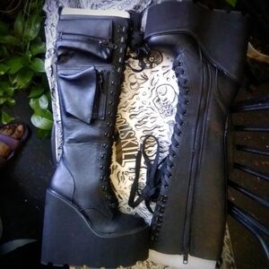 Dolls Kill Black Lace-Up Platform Knee-High Boots